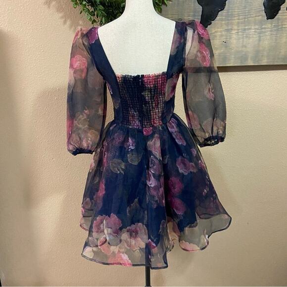 NWOT Lulus Lovely Idea Navy Blue Floral Three-Quarter Sleeve Skater Dress - Picture 6 of 12